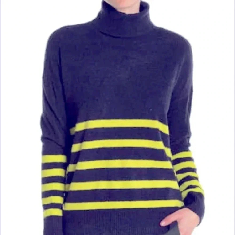 Vince Camuto NWT Navy Blue & Neon Yellow Striped Fuzzy Turtleneck Sweater M